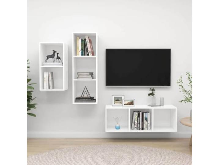 HEFZGDB 3-TLG. TV-Schrank-Set Weiß Holzwerkstoff Wandmontage mit viel Stauraum für Organisation und Aufbewahrung, praktische Ergänzung für Ihr Zuhause, einfach zu reinigen, Zeitloses