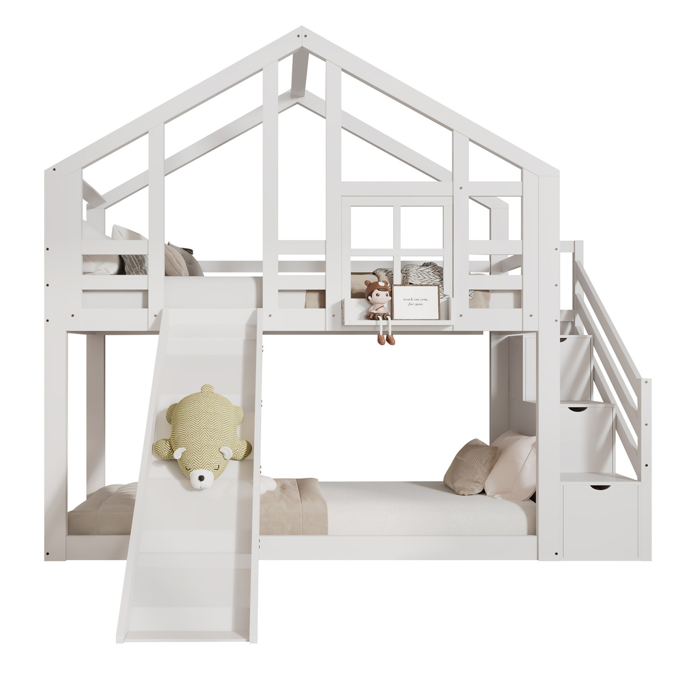 Kinderbett Etagenbett,Hausbett Baumhaus mit Schublade und Rausfallschutz,hochbett mit Rutsche,2x Lattenrost- 2 Schlafplätze