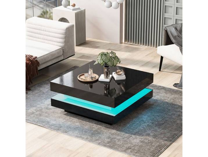 Table basse carrée SENVIRO lumineuse connectée au style futuriste 70x70x36cm noir