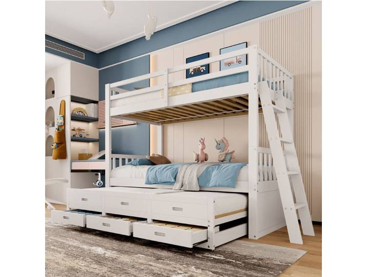 VUENOR Lit superposé enfant 90x200 cm blanc – lit gigogne 3 tiroirs sans matelas