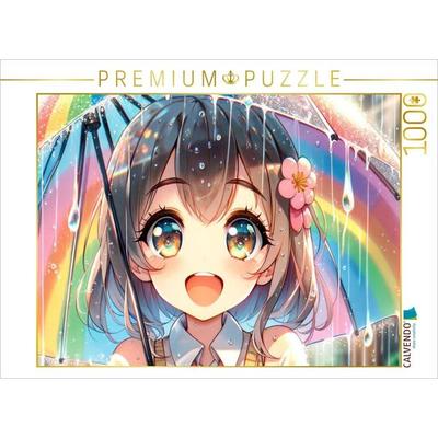 CALVENDO Puzzle Manga Mädchen - Regenbogenfreude unter Tropfen | 1000 Teile Lege-Größe 64x48cm Foto-Puzzle für glückliche Stunden