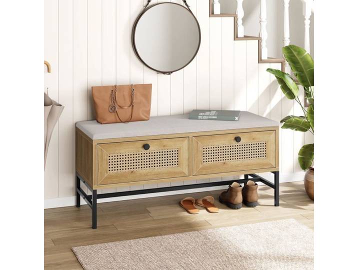Banc à chaussures rotin chêne naturel tiroir rangement banc bois avec coussin lin entrée couloir chambre