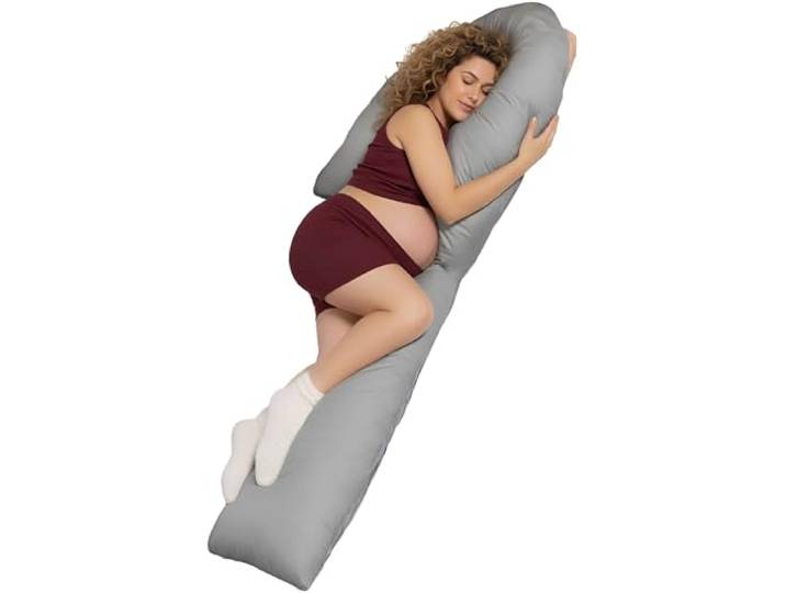 Traumreiter Schwangerschaftskissen J-XL mit Memory Foam und Bezug Grau, Visco und Watte Hybrid Seitenschläferkissen zum Schlafen, J-Form Stillkissen Schwangerschaft (Visco J XL)