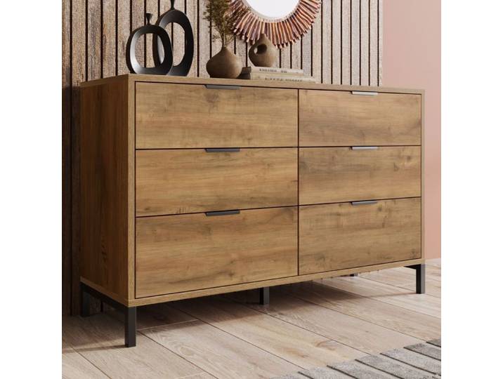 Commode - NECHE - Vintage - 6 tiroirs - Chêne foncé - Pieds métal 120x40x76 cm