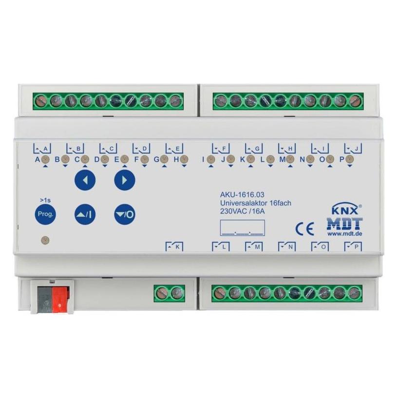 MDT AKU-1616.03 Universalaktor 16fach 8TE REG 16A 230VAC 100µF 15EVG (Schaltaktor) (AKU-1616.03)