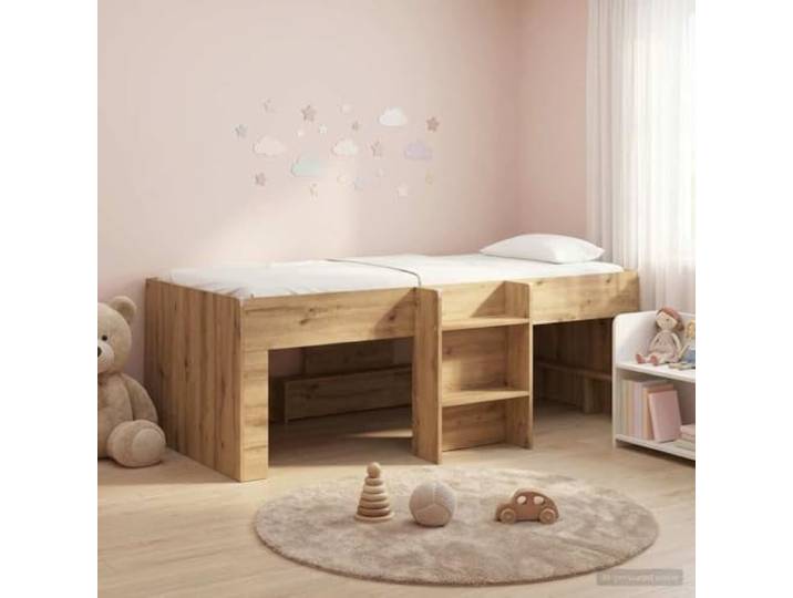 RJPLMFV Hochbettgestell für Kinder, Eiche, 90 x 200 cm Stabiles Holzwerkstoff, integrierte Leiter, Unterbettaufbewahrung, transparente TPE-Protektoren, Matratze nicht im