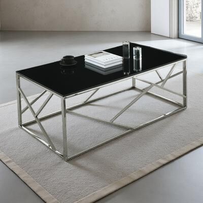 ZWYO HOSIMU 48 Inch Modern Rectangular Coffee Accent Table with Tempered Glass Top and Stainless Steel Frame for Living Room