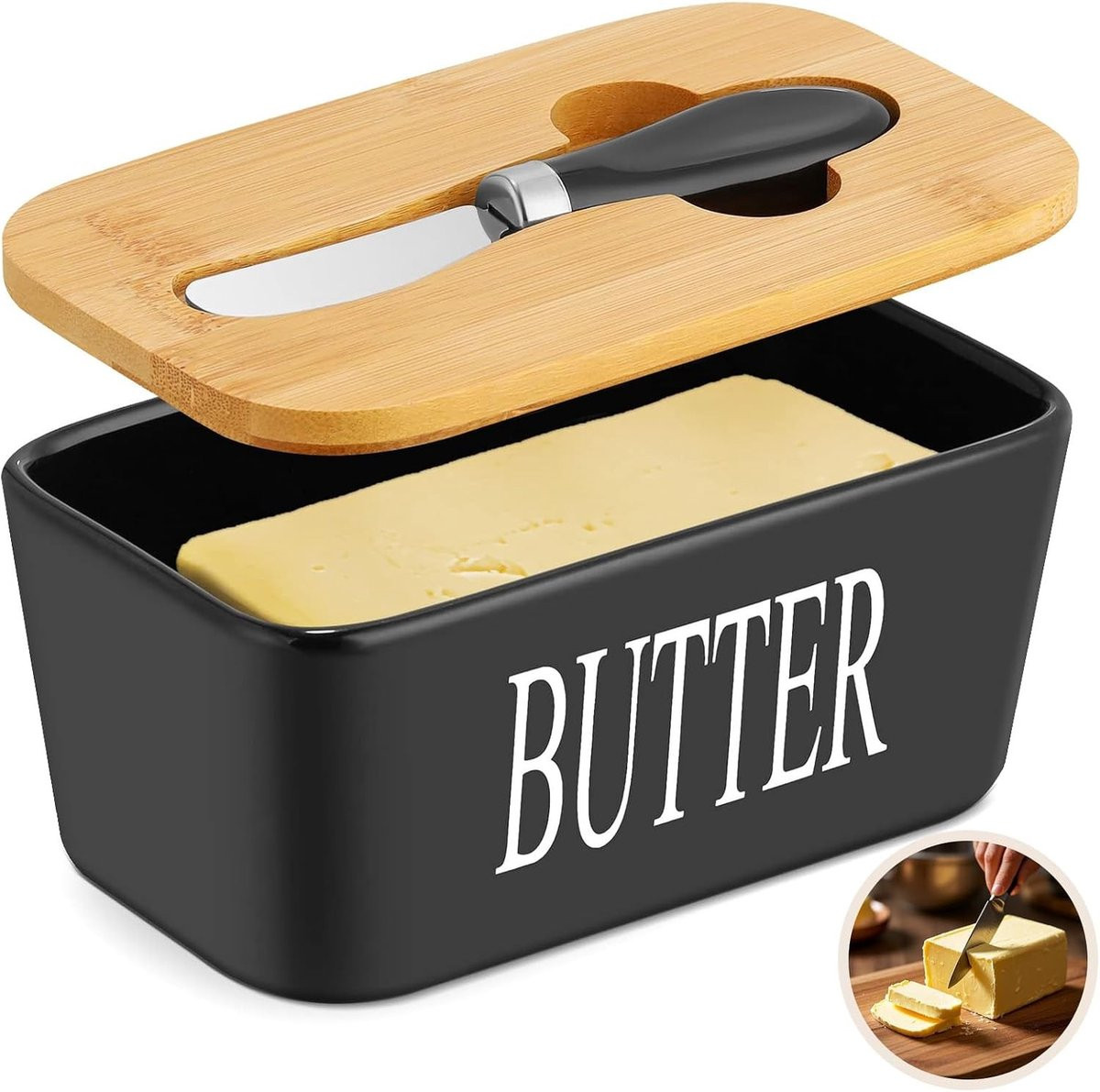 Elegante porseleinen botervloot met houten deksel, RVS mes en silicone afsluiting