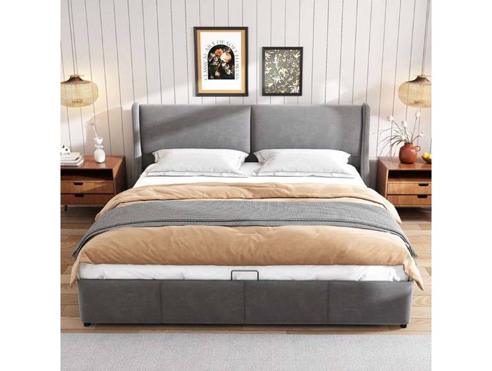 Lit coffre - 180 x 200 cm - Sommier relevable - Tête de lit haute - Tissu velours gris