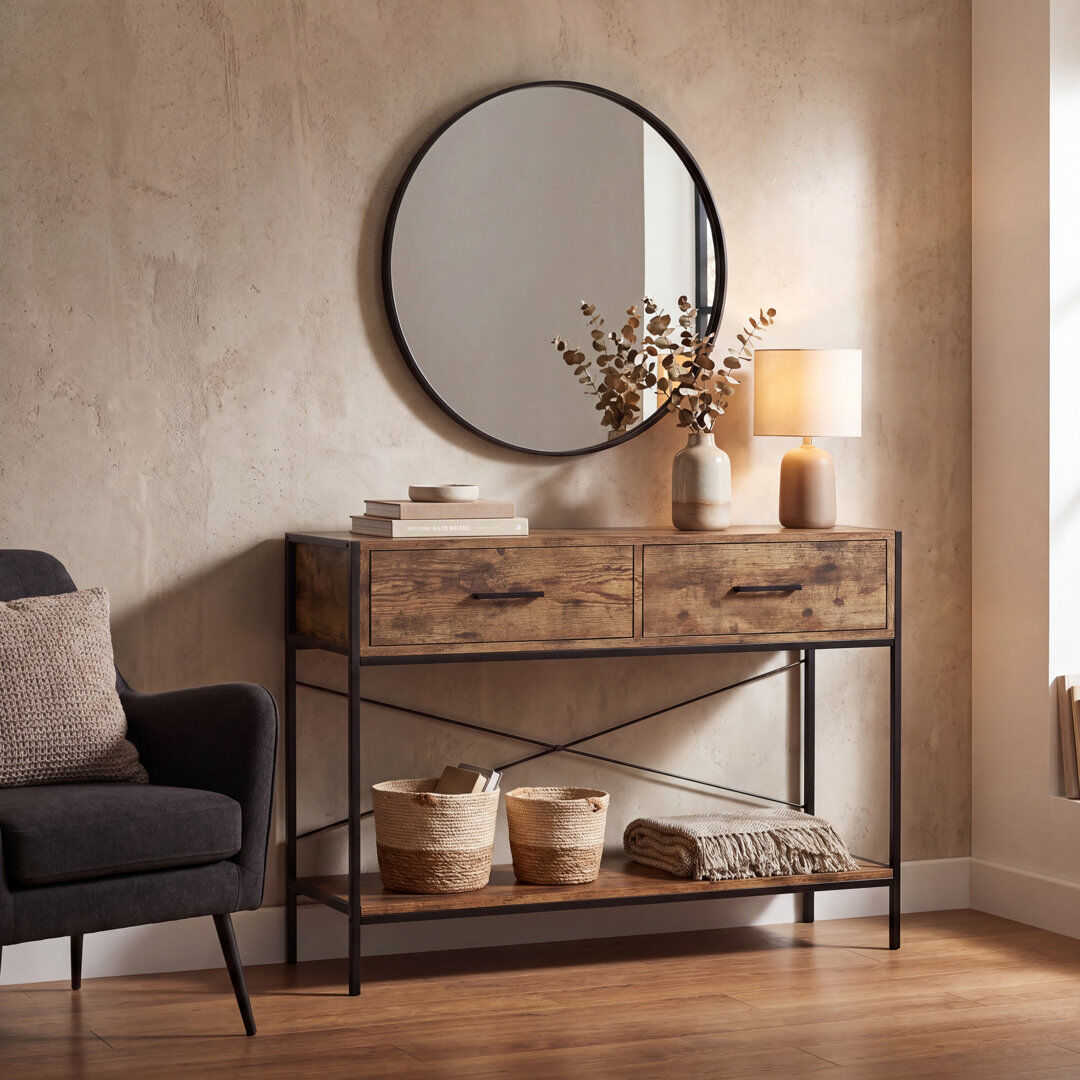 Borough Wharf Sylvie 2 Drawer Industrial Style Console Table With Metal Legs for Hallway, Living Room Furniture Dark Wood 74cm H X 80cm W X 34cm D