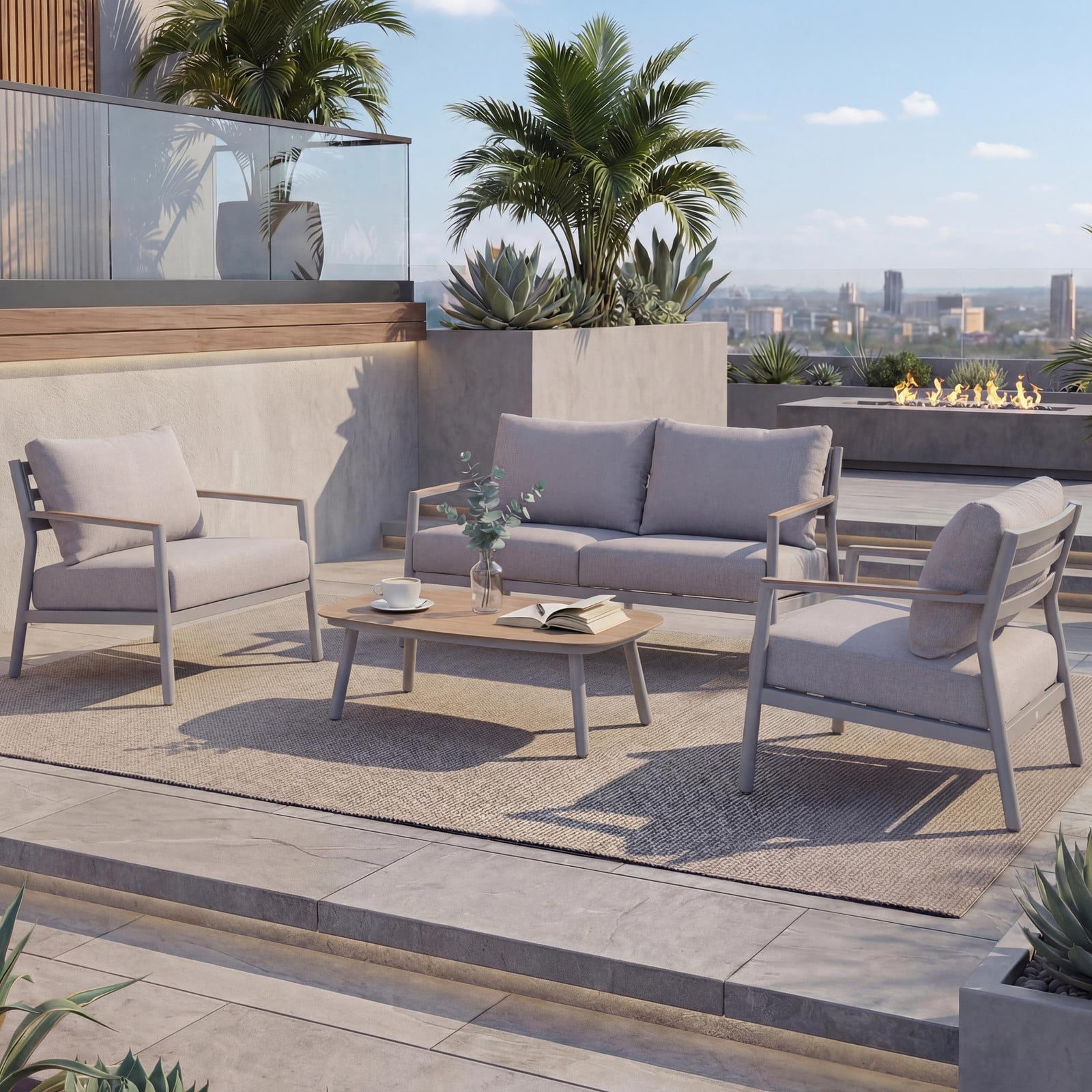 Mendler Aluminium tuinset HWC-P79 loungeset met crème-beige olefin textiel kussens