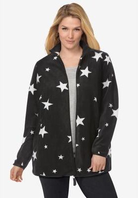 Women's Zip-Front Microfleece Jacket by Woman Within in Black White Stars (Size S)