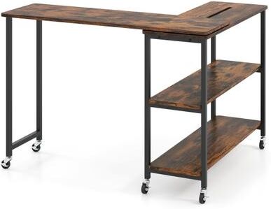 Costway Large 360-Degree Free Rotating Sofa Side Table with Wheels and Storage Shelf-Rustic Brown