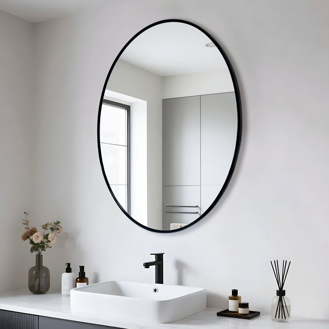 17 Stories Oval Aluminum Frame Wall Mirror Black 90cm x 70cm