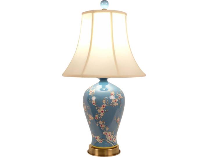 Fine Asianliving Lampe de table chinoise en porcelaine avec abat-jour peint à la main bleu