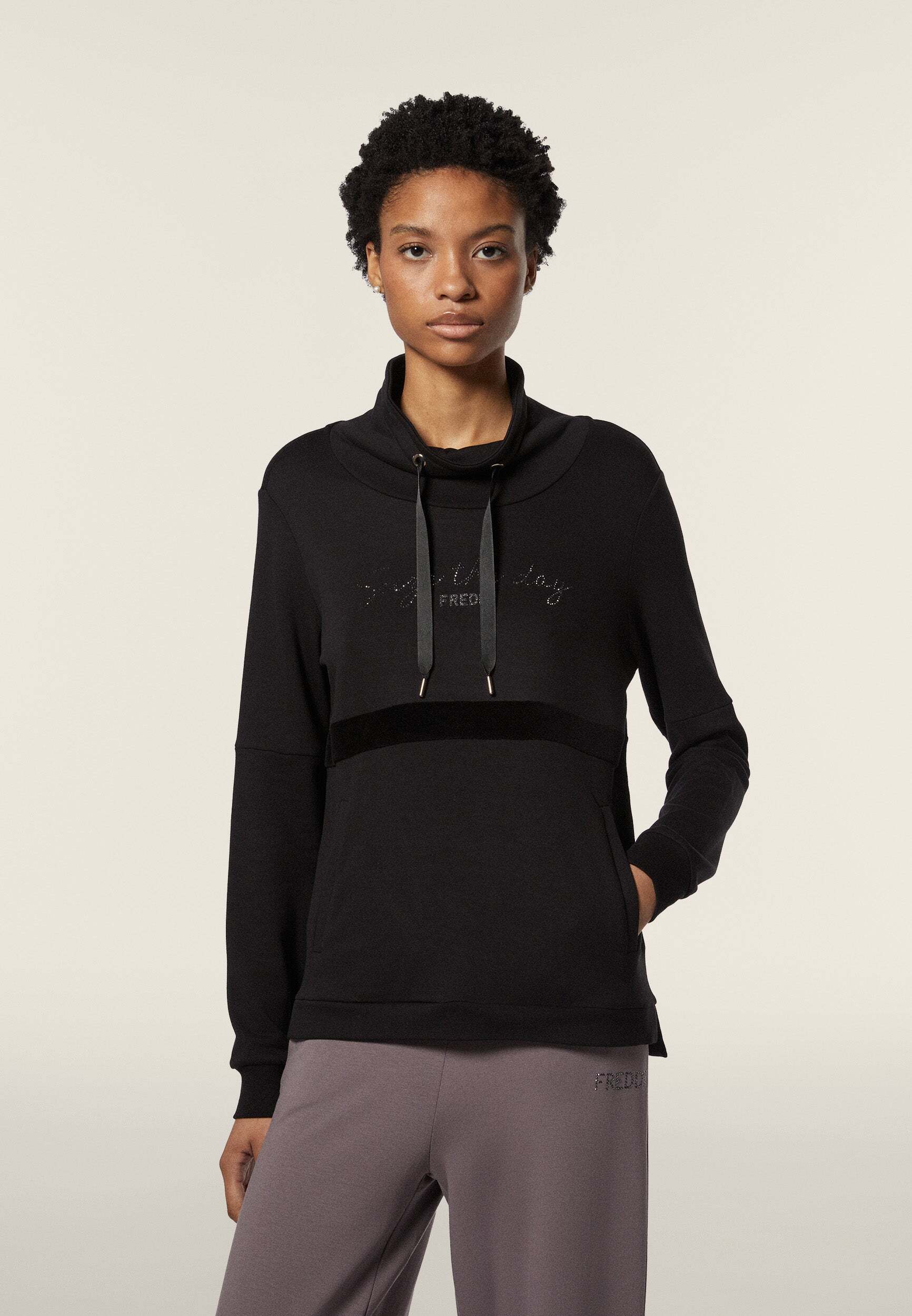 Sweatshirt FREDDY "Pullover F4WCXS6", Damen, Gr. L, schwarz, Obermaterial: 95% Viskose CV. 5% Elasthan EL., Sweatshirts Sweatshirt schwarz L