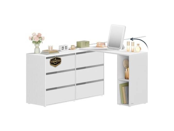 SONGMICS HOME Schminktisch, Snapsemble – superschnelle Montage Kommode mit Regal, Schrank, nebeneinander oder L-förmig, Schneeweiß, KADIN Kollektion LTS656W01