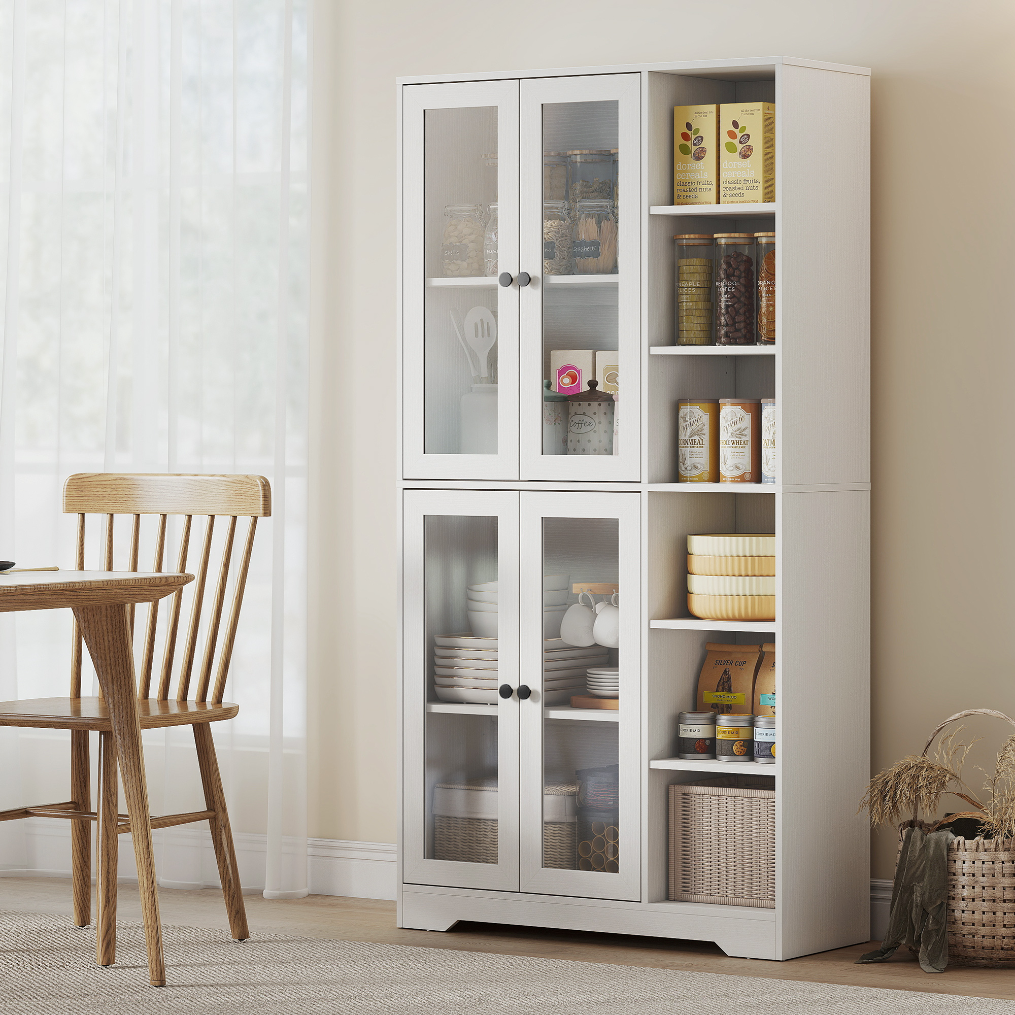 Homcom Credenza Cucina Alta, Mobile Dispensa con 4 Ante in Vetro Soft-Close, 6 Ripiani Aperti, Ripiani Regolabili Bianco   Aosom Italy
