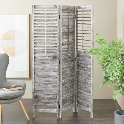 ARCILLA ELEMENTAL Gray Wood Distressed Shutter Top 3 Panel Partition Room Divider Screen with Brown Accents