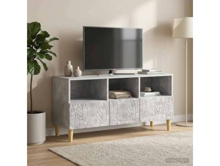 TV-Schrank 102 x 34,5 x 50 cm Betongrau Holzwerkstoff mit Eukalyptusbeinen Offenes Regal, viel Stauraum, pflegeleicht, robust, Vintage-Design, vielseitig nutzbar
