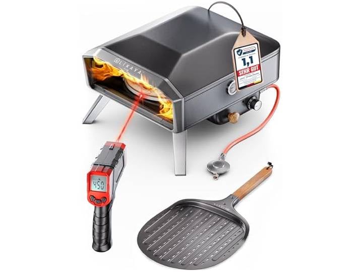 LIKAYA NeroSpin Pizzaofen Gas – 6,2kW Outdoor Gas Pizzaofen 450°C - Gas Pizza Ofen Outdoor mit Pizzastein Drehteller, Pizzaschaufel, Tasche & Laser Thermometer – knusprige Pizza in nur 90 Sekunden!