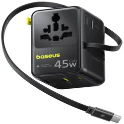Baseus, Reiseadapter, Adapter podróżny PicoGo AG11 45W 6w1 ze zwijanym kablem USB-C - czarny