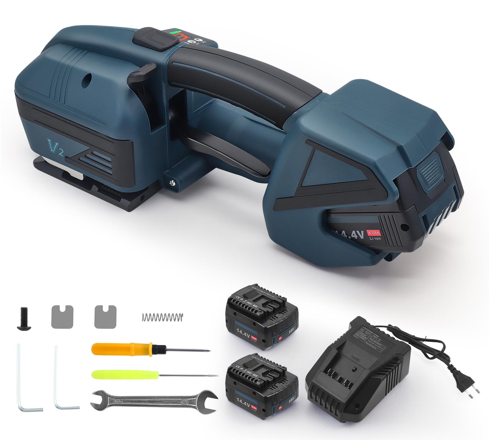 Elektrische Umreifungsmaschine - Tragbares Akku-Umreifungsgerät - Automatisch - Für PP- und PET-Umreifungsbänder 1,3-1,6 cm - Für Verpackungskartons - Blau