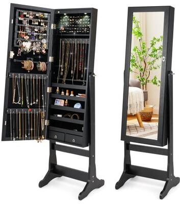 Costway Lockable Freestanding Jewelry Cabinet Armoire with Full-Length Mirror and Lights-Black