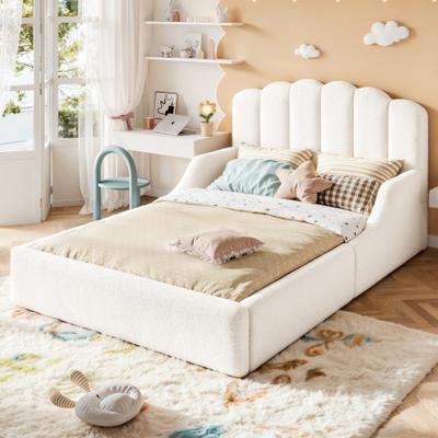 GREATPLANINC Kids Platform Bed Teddy Upholstered Floor Bed with Scalloped Headboard