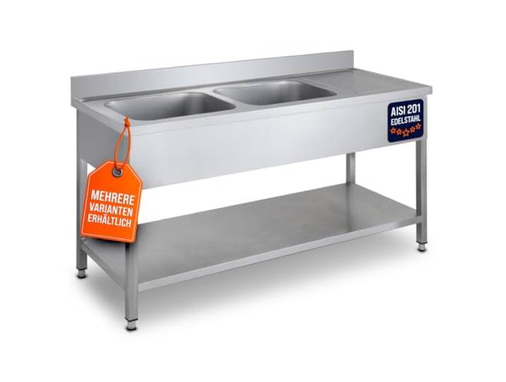 GastroHero Spültisch, 2 Becken, 160x60 cm, Edelstahl SPT-BASIC16X6L2 Abtropffläche rechts, mit Grundboden, 100 mm Aufkantung, 2 Becken links, nach Hygiene- und Sicherheitsrichtlinien produziert