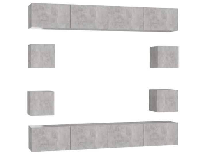LMTYOENFG 8-TLG. TV-Schrank Wandmontage Set Betongrau Holzwerkstoff Flexibles Lowboard Hängeschrank Ensemble für Wohnzimmer, bietet viel Stauraum für Receiver, Medien und Bücher.