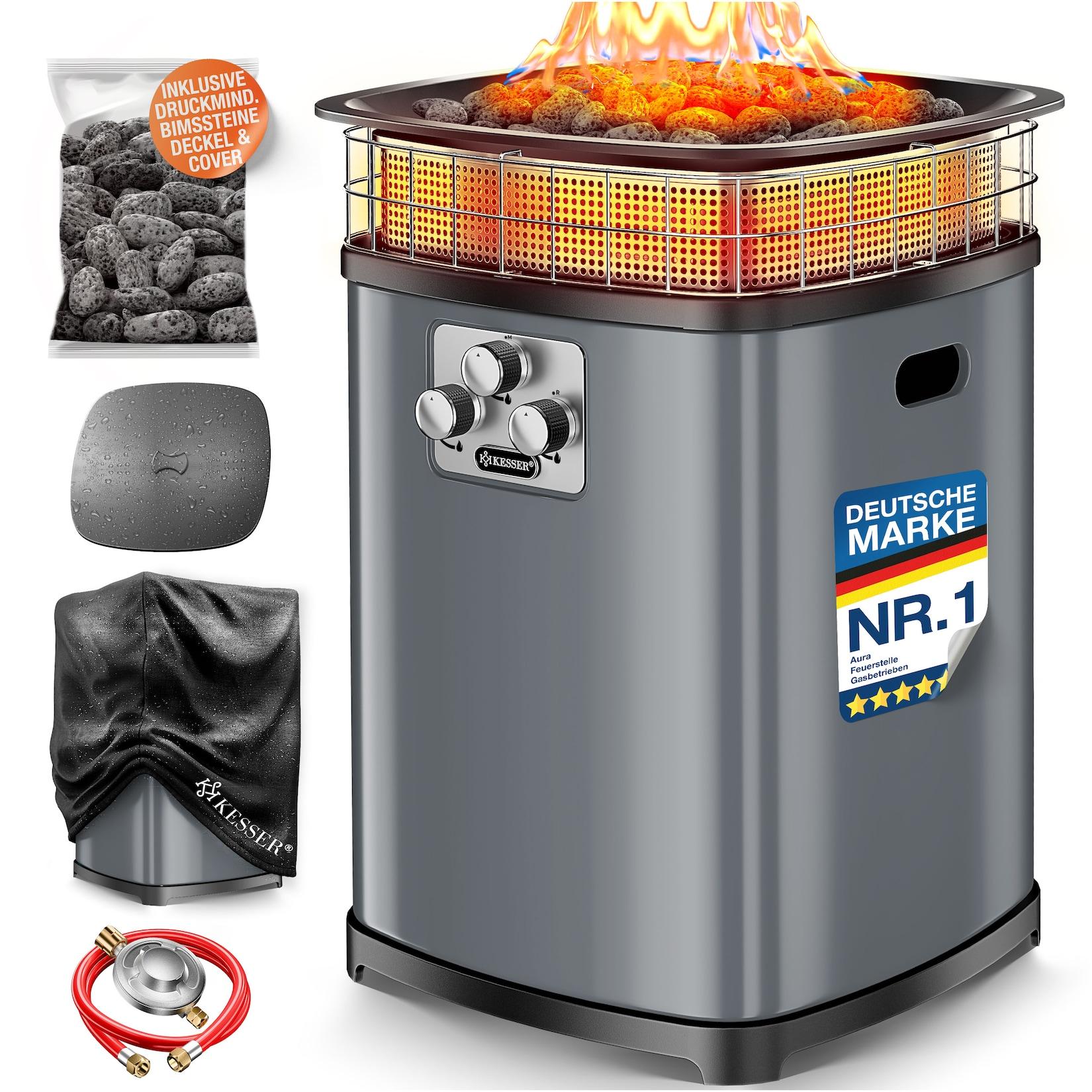KESSER® Gas-Feuerstelle Aura, 18 kW Heizer, Outdoor, 360° Wärmeverteilung, Terrassenfeuer für Garten, Terrasse & Balkon, bis 120 m², Bimssteine, Schutzcover, Deckel, 6 Std. Brenndauer, IP54