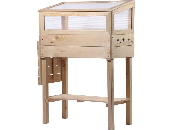 Hochbeet DOBAR, beige (natur), B:40cm H:110cm T:116cm, Holzwerkstoff, Pflanzgefäße, Hochbeet, erhöhtes Frühbeet mit Tisch & Haken, Gr. M, Kiefer