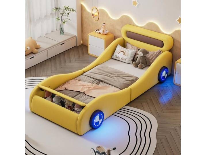 Lit enfant - KOMHTOM - Lit Voiture - 90x200 cm - LED roues lumineuses - Rangement intégré