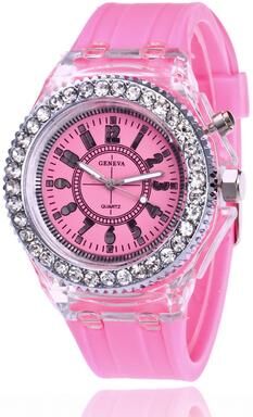 Friendly Fresh Finds LED Luminous Silicone Watch For Kids & Adults Fashion Rhinestone Clock With Flashing Lights pink