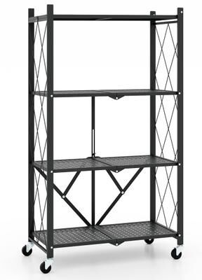 Costway 4-Tier Foldable Storage Shelf Collapsible Storage Rack with Lockable Wheels-Black