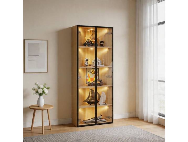 Armoire vitrine - 62x35x160 cm - Éclairage LED intégré - Verre de sécurité - Finition chêne