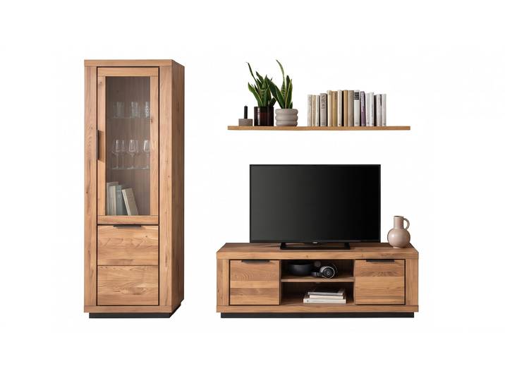 Wohnzimmer-Set Wildeiche 3-teilig mit Vitrine und TV-Lowboard - GRENO