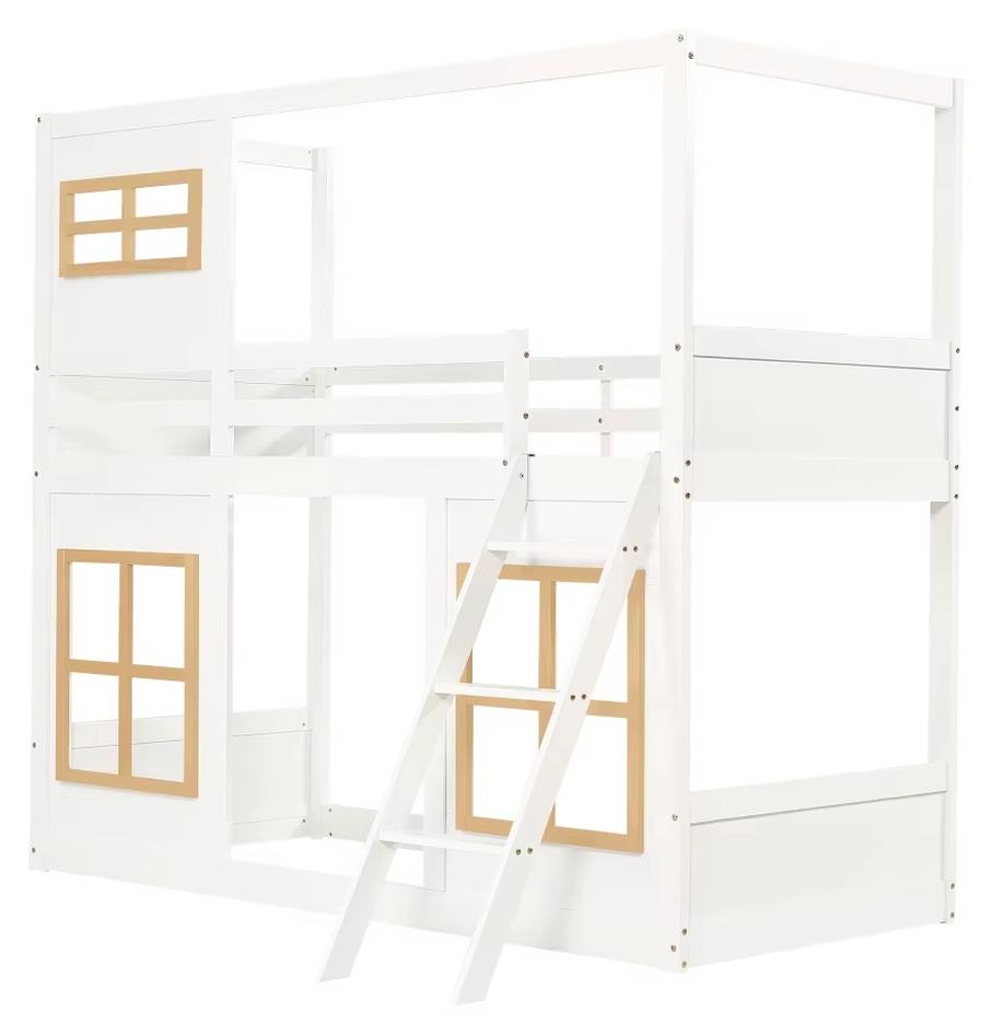 Kinder-Hausbett - Etagenbett - 90 x 200 cm - Massivholz und MDF - Dekoratives Fenster - Sicherheitsgitter - Stabile Treppe - Weiß/Natur
