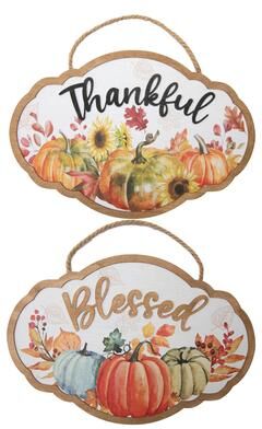 IH Casa Decor MDF Wall Hanger Pumpkin Thankful/Blessed Assorted- Set of 2
