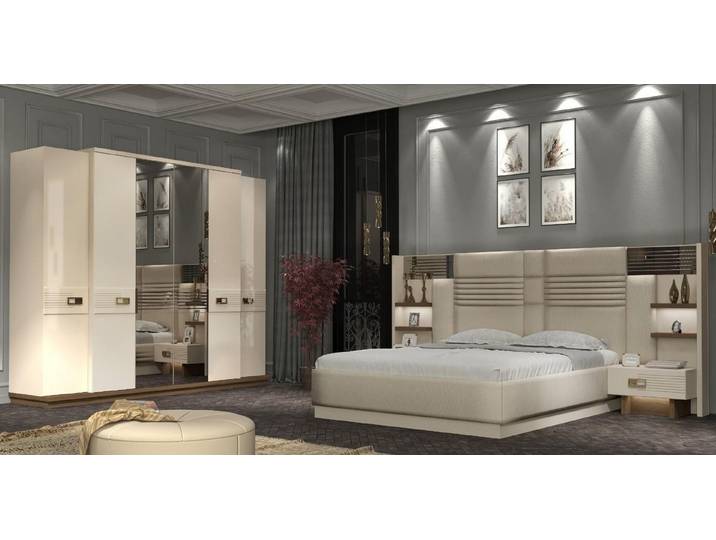 JVmoebel Schlafzimmer-Set Cremefarbenes Schlafzimmer-Set mit Stoffdesign und Beleuchtung, (4-tlg)