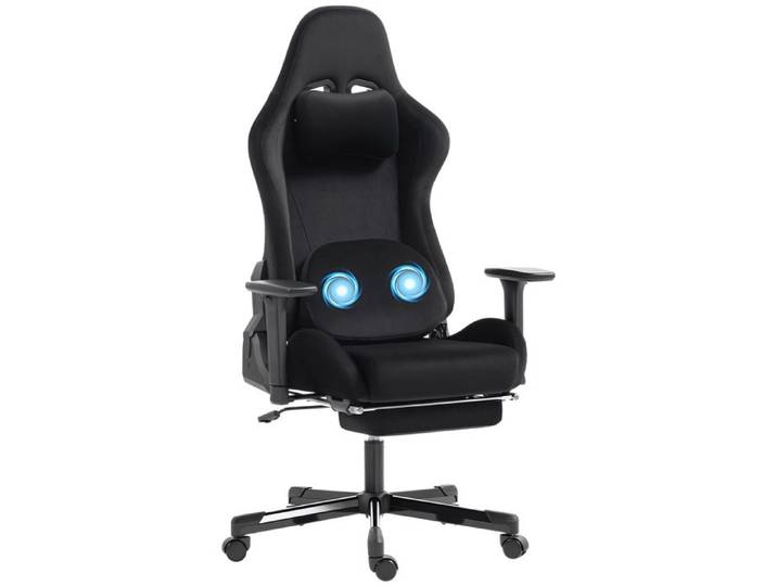 Chaise gaming - HOMCOM - massante et coussin lombaire chauffant - inclinable - accoudoir 3D - lin - 70 5x73x137 5cm - noir