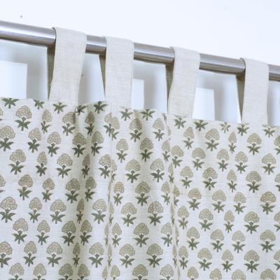 Fabdivine Green Floral Block Print Linen Blend Tab Top Curtain Panel, Rustic Farmhouse Decor - Strawberry