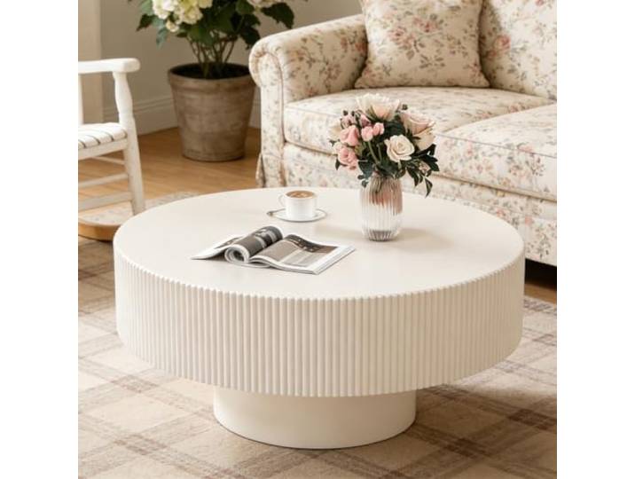WUPDPQS Weiß Runder Geriffelter Couchtisch, C 78cm Für Wohnzimmer, Spritzlackierung, Modernes Trommel-Design, Stabiler Sockel, Mitteltisch Für kleine Räume, Wohnungen Büro