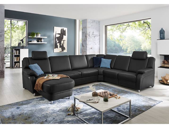 Wohnlandschaft Samento Schwarz Echtleder Tomma 336 x 91 x 239cm Ottomane davorstehend links Kopfstütze verstellbar/Schlaffunktion/Relaxfunktion