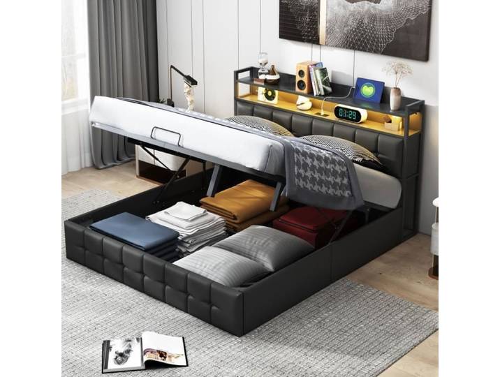 Lit coffre 140x200 - PERGAR - Tête de lit avec rangement - USB - LED - Noir