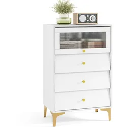 COSTWAY Kommode mit 3 Schubladen, moderner Aufbewahrungsschrank mit hochklappbarer geriffelter Glastür, goldenen Metallbeinen & Kippschutz
