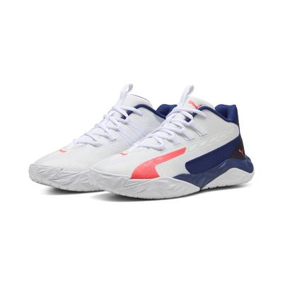 Basketballschuh PUMA "Dagger 2 Mid Basketballschuhe Erwachsene", Herren, Gr. 43, weiß (weiß pink alert elektro blau), Obermaterial: Synthetik, Textil. Futter: Textil. Innensohle: Textil. Laufsohle: Gummi, Synthetik, Schuhe