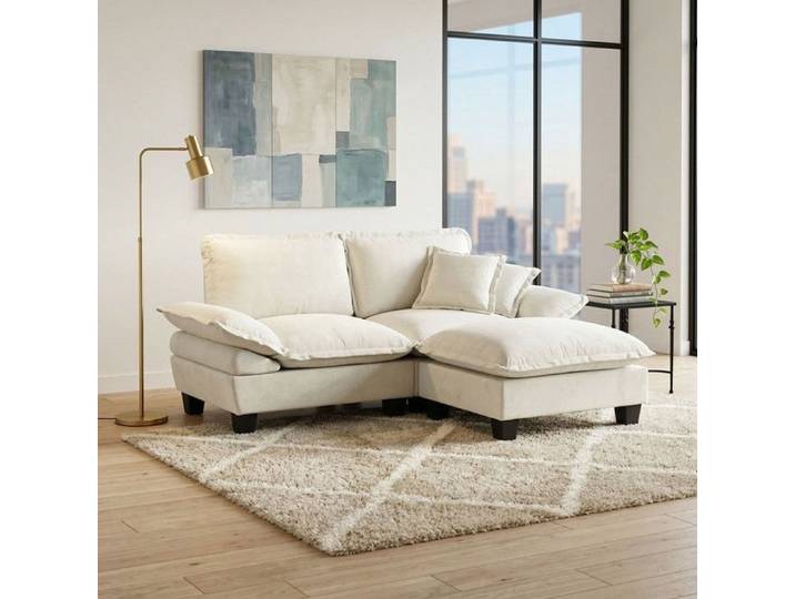Canapé d'angle modulable style voilier avec repose-pieds amovible et 2 coussins moelleux chenille beige