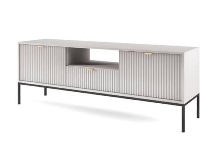 Emporius TV-Schrank 150 cm Galla - Zweitürige TV-Tisch, TV-Lowboard mit Schubladen - Gold Griffen, geriffelten Fronten - Grau